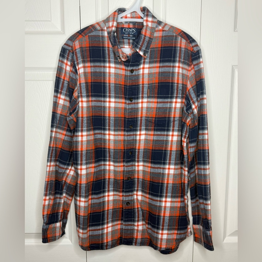 Chaps Men's‎ Flannel Button Down Casual Plaid Shirt - Navy, Red, and White, M